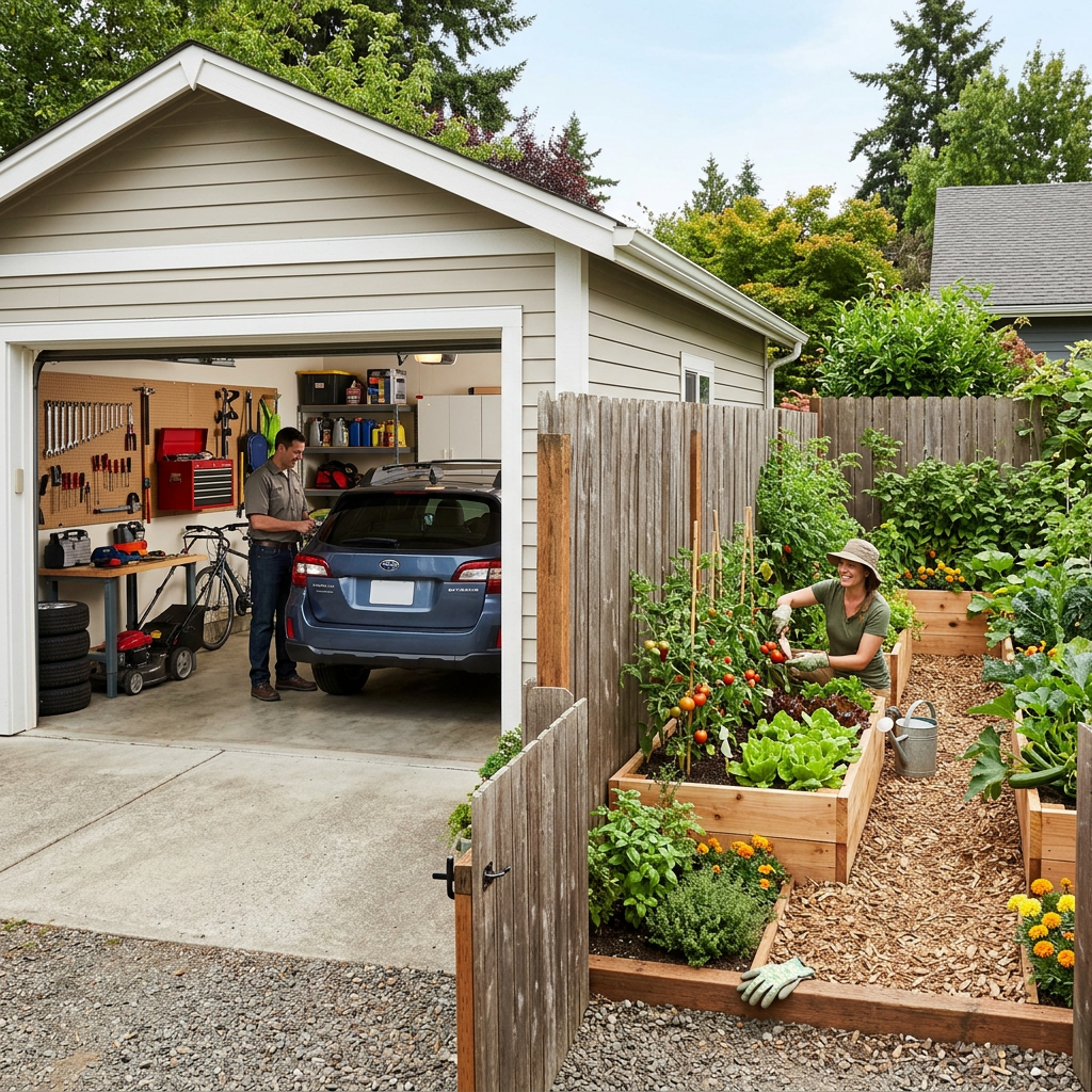 Woman harvesting tomatoes in a backyard garden beside a garage where a man works.