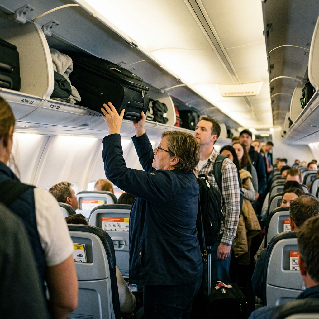 Passengers stowing carry-on bags in airplane overhead compartments