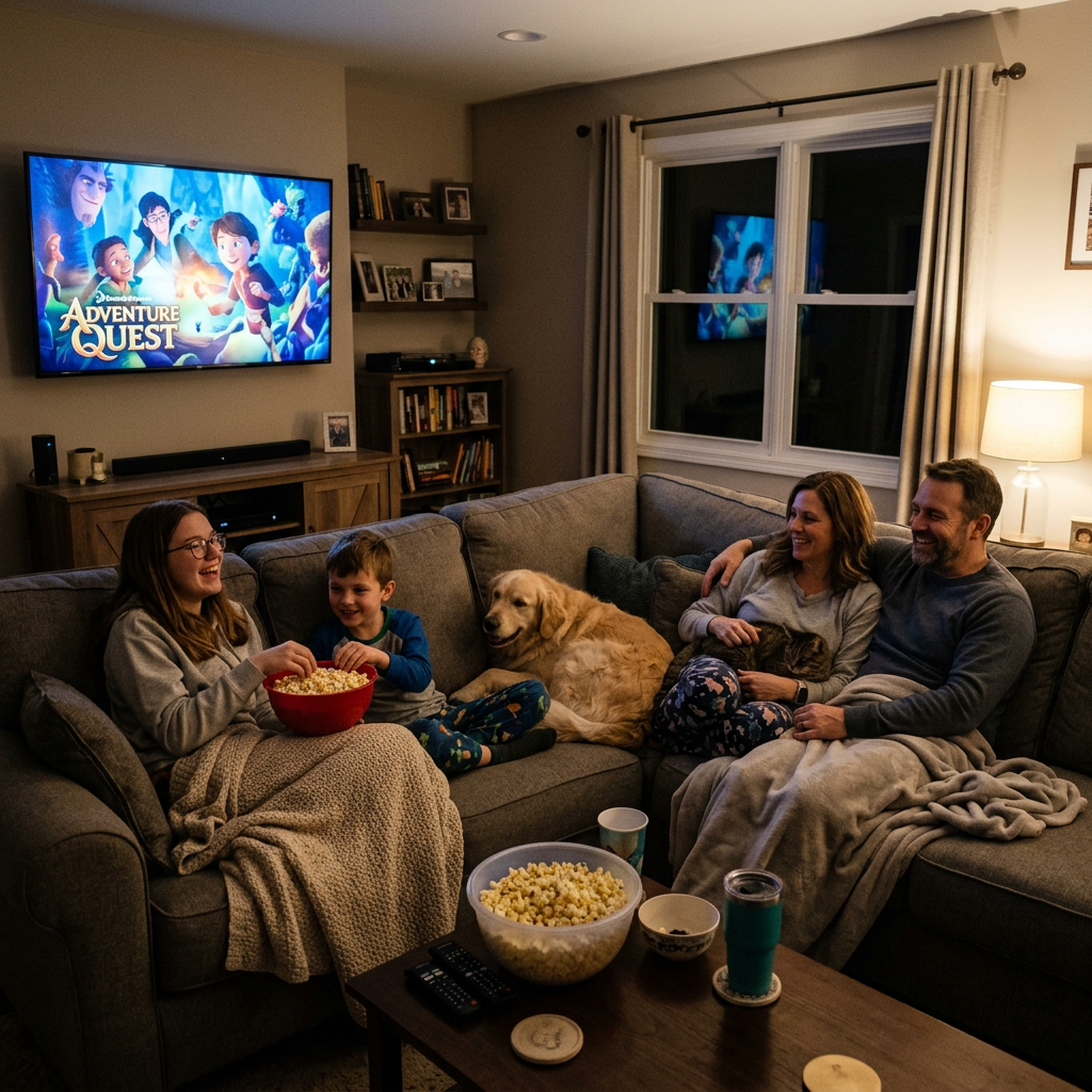 Family sitting on a couch watching Adventure Quest movie with popcorn and pets