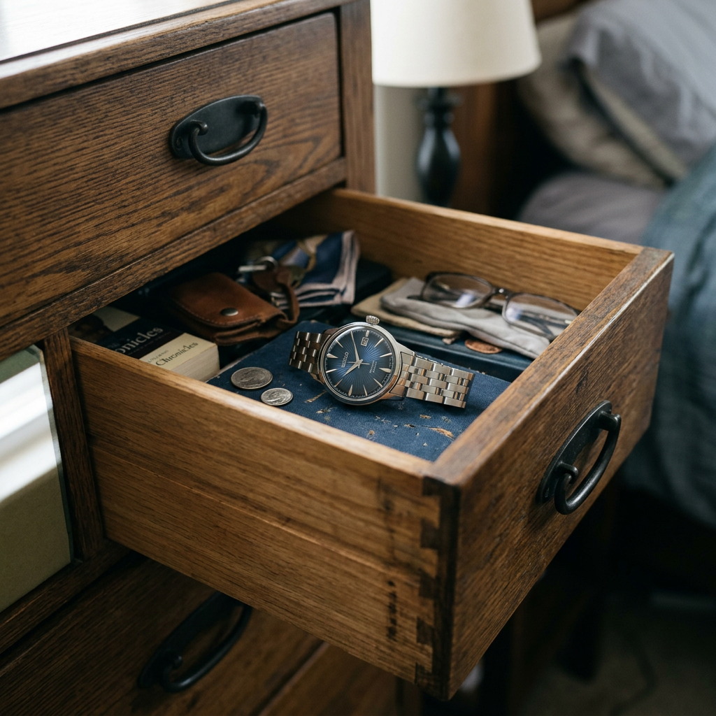 Open wooden drawer containing a wristwatch, glasses, coins, keys, and a book.