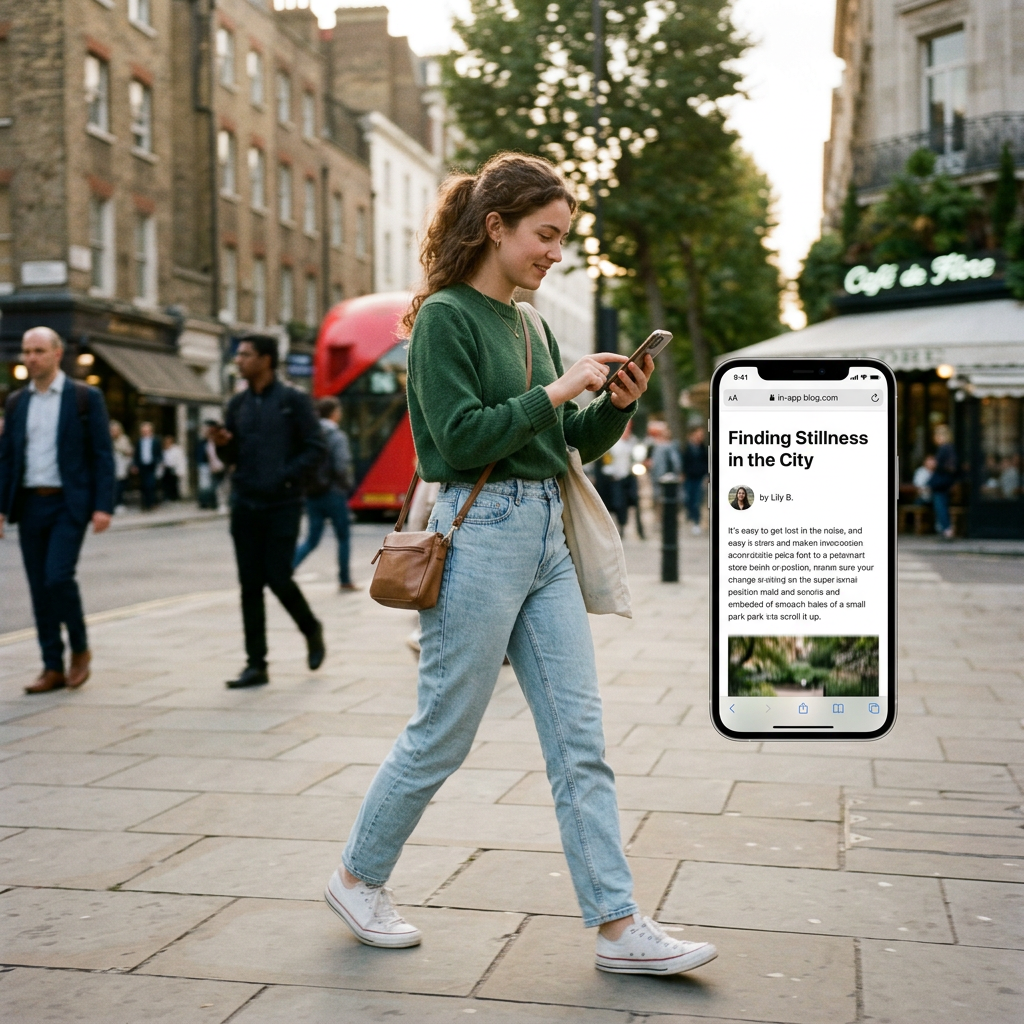 Woman walking downtown with phone; screen reads “Finding Stillness in the City.”